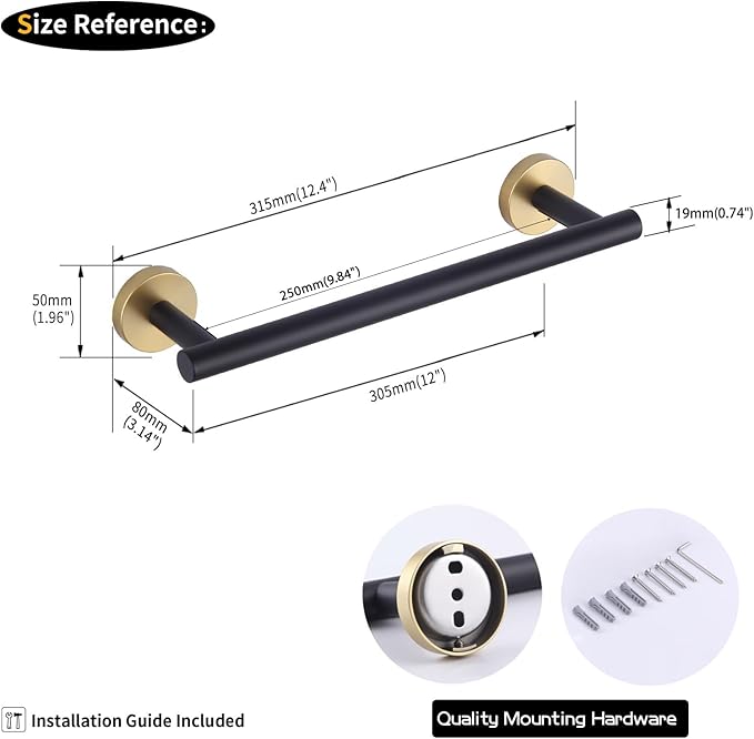GERZWY 12-Inch Bathroom Towel Bar Modern Round Style SUS 304 Stainless Steel Bath Towel Bar Wall Mount (Black & Gold) AG1101C30.5-BD