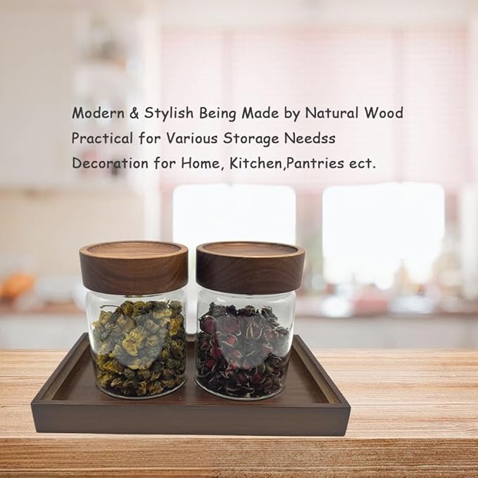Clear Glass Storage Canister with Airtight Wooden Screw Lid 11oz/350g 2 PACK with Tray,Decorative Container Jar for Coffee,Spice,Candy,Salt,Cookie,Condiment,Pepper,Sugar,Overnight Oatmeal-NeatNest
