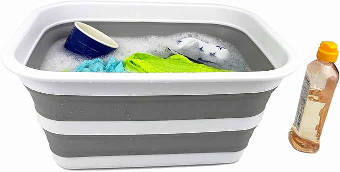 SAMMART 12L (3.17Gallon) Collapsible Tub - Portable Outdoor Picnic Tray - Portable Washing Basin - Space Saving Plastic Washtub (White/Grey)