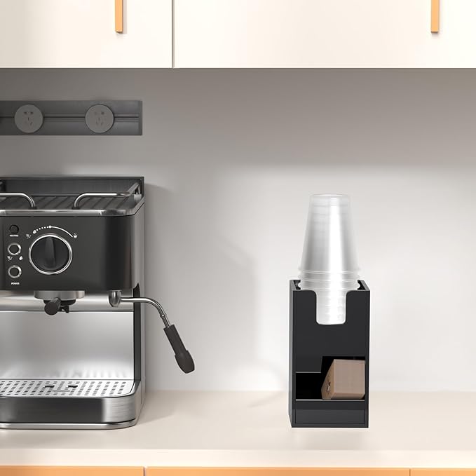 Coffee Condiment and Cup Organizer - 2-Tier Upright Cup and Lid Holder with Straw Organizer 2 Compartments Black Acrylic Cup Dispenser for Restaurant Breakroom Coffee Station Countertop-NeatNest