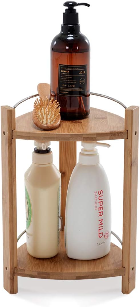 GOBAM Bamboo Shower Corner Caddy, Medium - 2 Tier Standing Shower Stand for Shampoo, Conditioner, Lotion, Soap - Caddy Organizer for Kitchen, Bedroom, or Office