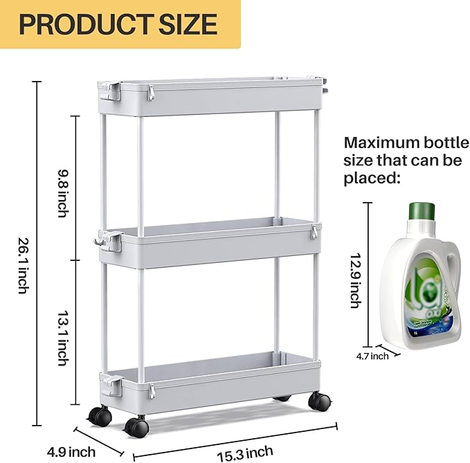 SPACEKEEPER Slim Rolling Storage Cart, 3 Tier Storage Organizer Laundry Room Organizer Mobile Shelving Unit, Multi-Purpose for Kitchen Office Bathroom Laundry Narrow Places, Gray-NeatNest