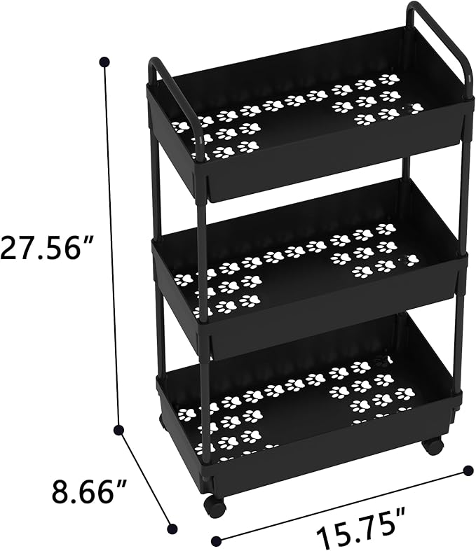 3-Tier Storage Cart，Shelf Organizer Mobile Shelving ，Utility Rolling Cart，Multifunction Movable Storage Organizer with Lockable Wheels,Black-NeatNest