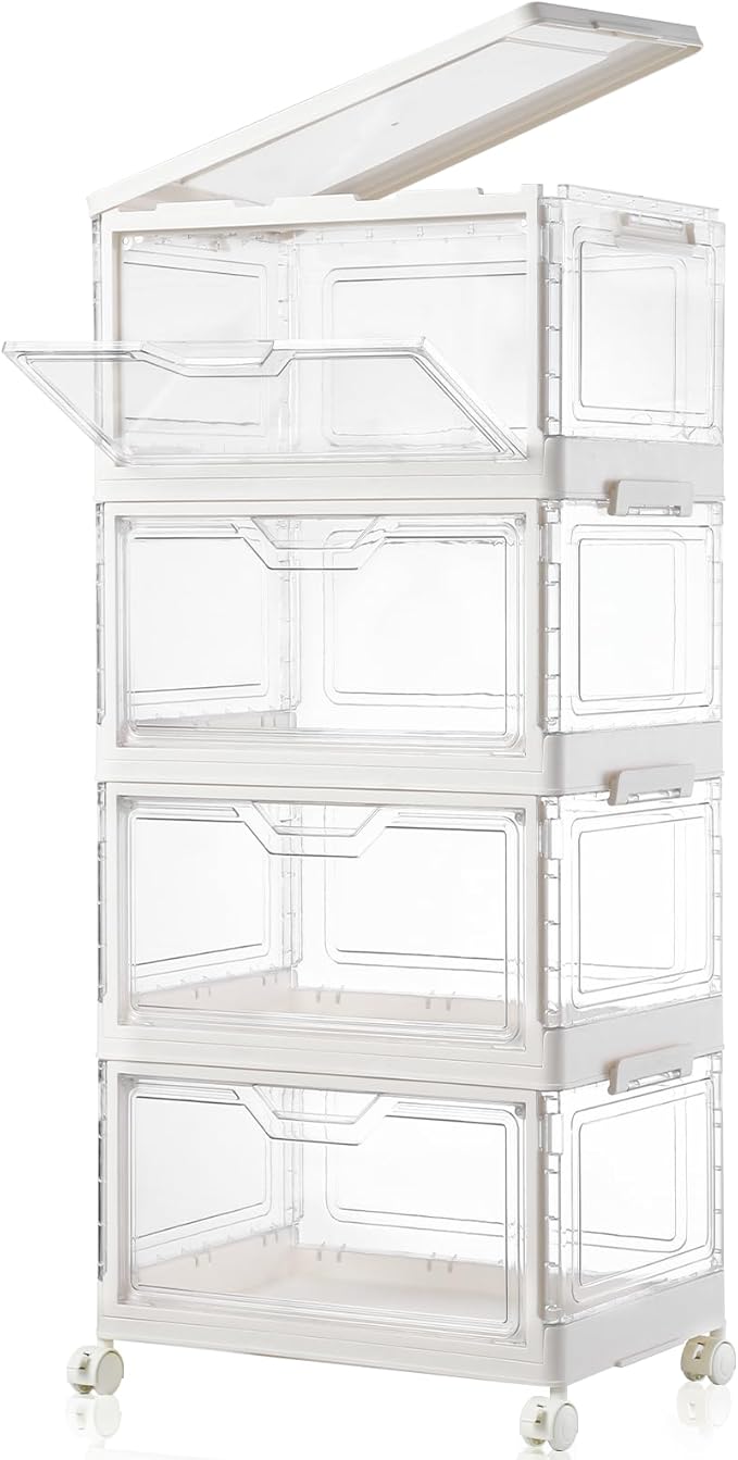 Collapsible Plastic Storage Bins with WheelsClear Stackable Storage Bins with Lid Stackable Storage Bins with Open Door Folding Storage Bins Organizer for Closet Bedroom Living Room-NeatNest