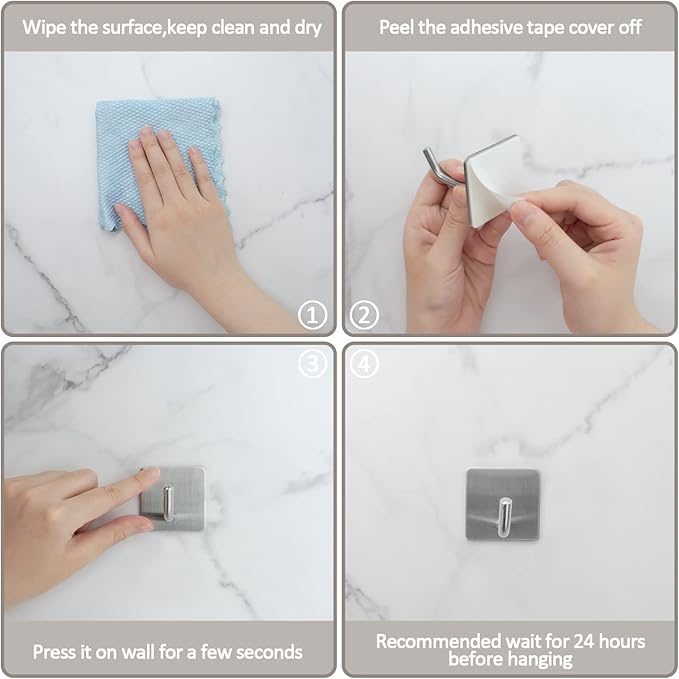 4PCS Adhesive Sticky Wall Hooks Heavy Duty, Long Stainless Steel Towel Hooks for Hanging Kitchen Bathroom Home, Waterproof Hook Wall Hanger Holder for Key Hat Coat Bag (Silver)