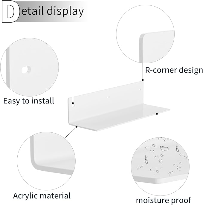 12 Inches White Acrylic Wall Shelves Set of 2, Wall Mounted Shelves for Plants, Speaker, Camera, Toiletries, Spice Jars, Coffee, Candles, Shoes, 2 Pack-NeatNest