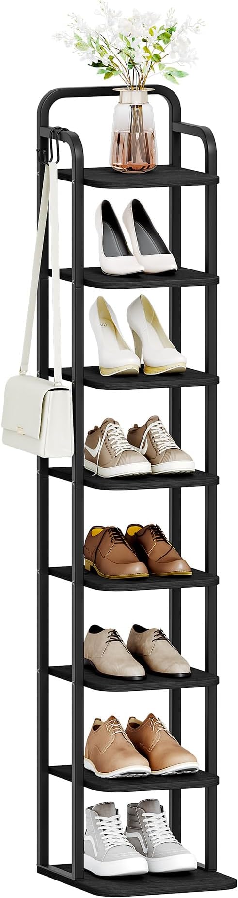8 Tiers Vertical Shoe Rack, Narrow Shoe Tower, Tall Shoes Shelf with 2 Hooks, Adjustable Shelves, Corner Shoes Shelves for Small Spaces, Entryway, Living Room, Black SR04304B-NeatNest