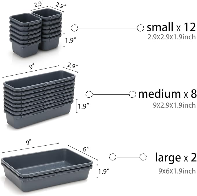 KeFanta 22 Pack Desk Drawer Organizers,Interlocking Junk Drawer and Storage with 3 Sizes, Tray Organizer for Office,Bathroom,Kitchen,Makeup(Dark Grey)-NeatNest