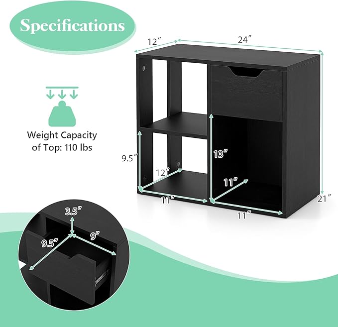 Giantex 3 Cube Bookcase with Drawer Set of 2, 2 Tier Bookshelf for Small Spaces, Modern Freestanding Display Rack with Open Shelves, Book Case, Wood Cube Storage Organizer Bedroom Living Room, Black