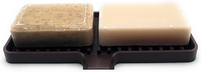 Happitasa Silicone Soap Dish Tray and Sponge Holder with Drain Chute | Bathroom and Kitchen Sink Organizer Caddy (Dark Chocolate, 9"x3.5", 5.6 Ounces)-NeatNest