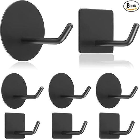 8Pcs Self Adhesive Wall Hooks, Waterproof Command Strips Hooks Including 4pcs Square Heavy Duty Hook and 4pcs Round Wall Hangers, Stainless Steel Towel Hooks for Hanging Coat Key (Black)