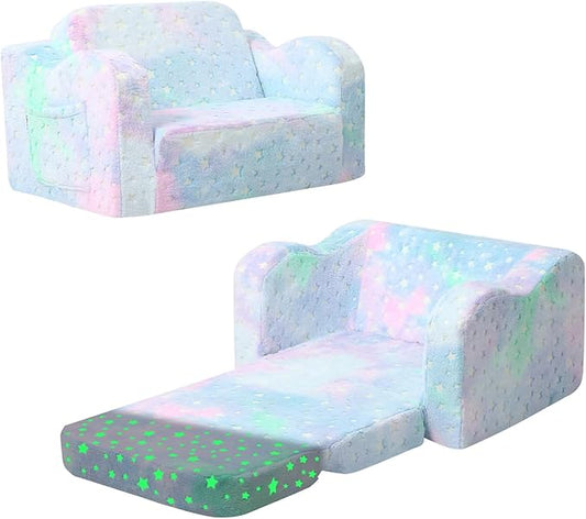 Folding Toddler Chair, Soft Plush Fold Out Kids Couch Sofa Glow in The Dark, Comfy Baby Recliner for Girls Boys (Blue Galaxy)-NeatNest