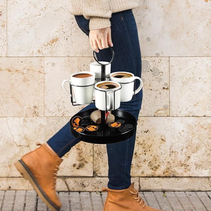 4 Mugs Stand Holder, Rotatable Metal Coffee & Beer Mug Rack with Tray Cups Drink Stand for Parties Countertop-NeatNest