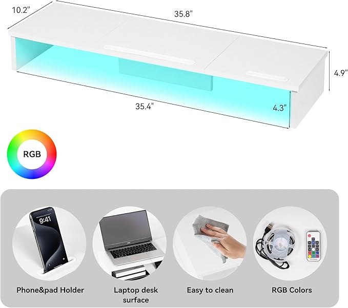 Dual Monitor Stand Riser with LED Lights and Phone Tablet Holder, 35.8in Large Monitor Stand for Desk, Computer Monitor Stand for 2 Monitors, Desktop Shelf Organizer for Laptop, Printer, TV