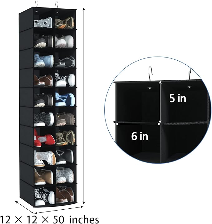 coastal rose Hanging Shoe Organizer for Closet, 20 Sections Hanging Closet Organizers and Storage Shelves, Space Saving Hanging Shoe Rack, Black, 12''W×12''Dx 50''H-NeatNest