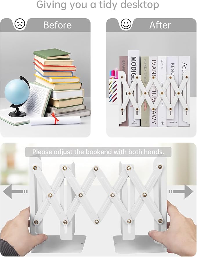 Honagu Adjustable Bookends, Metal Book Ends for Shelves Heavy Book, Desk Magazine File Organizer for Home, Office, Books, Papers, Extends up to 19 inches with Pen Holder (White)