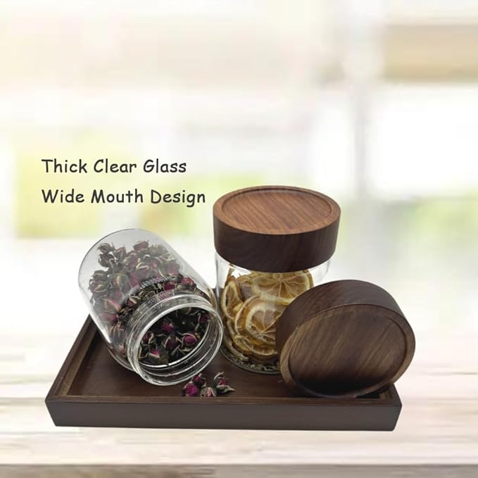 Clear Glass Storage Canister with Airtight Wooden Screw Lid 11oz/350g 2 PACK with Tray,Decorative Container Jar for Coffee,Spice,Candy,Salt,Cookie,Condiment,Pepper,Sugar,Overnight Oatmeal-NeatNest