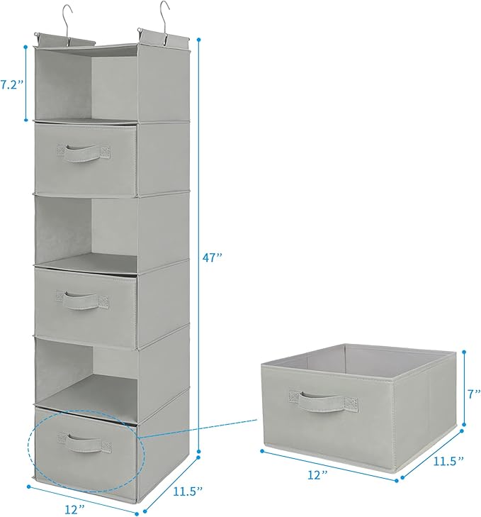 MAX Houser 6 Tier Shelf Hanging Closet Organizer, Closet Hanging Shelf with 2 Sturdy Hooks for Storage, Foldable (Light Grey-D3)-NeatNest