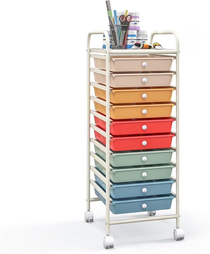 Giantex 10-Drawer Rolling Storage Cart w/Wheels, Handle, Removable Drawers, Mobile Organizer Storage Unit, Trolley Utility Cart for Home Kitchen Makeup Living Room Office Play Room