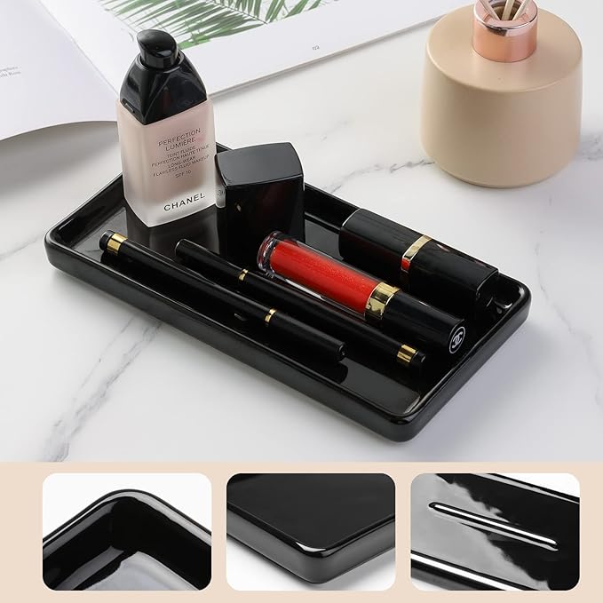 Gurygo 8" Bathroom Trays, Ceramic Vanity Trays for Bathroom, Small Ceramic Tray, Kitchen Soap Tray for Kitchen Counter (Black, 8",Set/1)-NeatNest