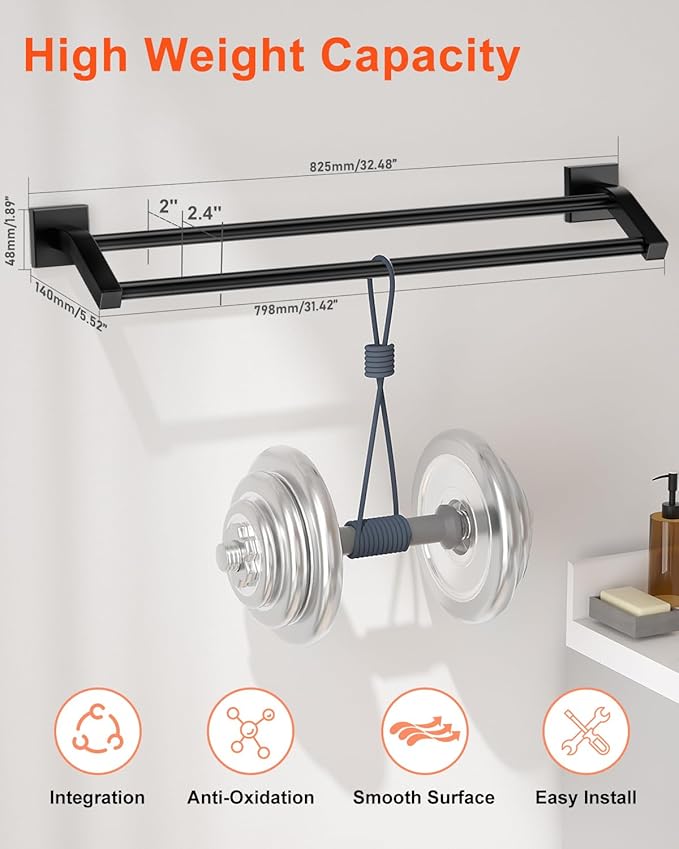 Alise Bath Double Towel Bars Towel Racks for Bathroom Lavatory,Wall Mount Towel Holder Heavy Duty SUS304 Stainless Steel Towel Hanger Towel Rail,Matte Black,32 Inch