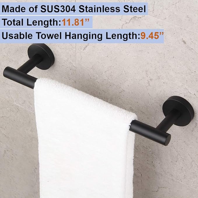 12 Inch Towel Bar 2 Pack for Bathroom 9/12/16/24/28/33 Inch Kitchen Hand Towel Holder Matted Black Stainless Steel 304 RUSTPROOF Wall Mount Towel Rod 2 of Pack (2, Matted Black, 12 Inch)