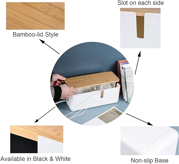 Changsuo Cable Management Box with Bamboo Lid Small Cable Organizer Box for Extension Cord Power Stripe Surge Protector Wire Management Concealer Organizer Cover Hider (Black)