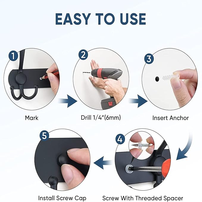 Coat Rack Wall Mounted,5 Tri Stainless Steel Coat Hook for Coat Hat Robes Towel in Mudroom Entryway (Black, 1 Pack 5 Hook)-NeatNest