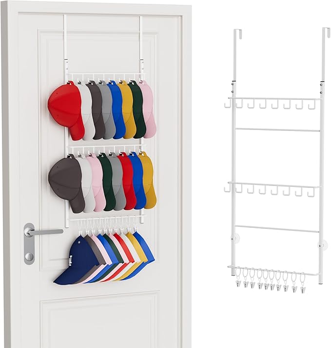 Consumest Over Door Hat Organizer - 3 Tier Wall Mounted Hat Rack with 16 Hooks and 10 Movable Clips, Hanging Baseball Cap Storage Holds up to 26 Caps for Door, Bedroom, Closet USPTO Patent Pending-NeatNest
