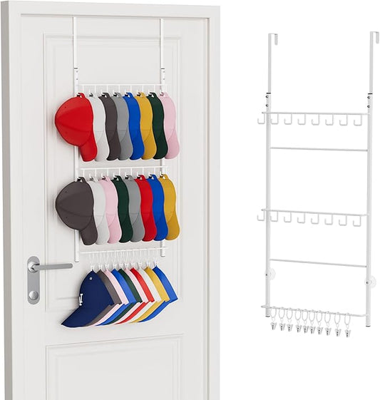 Consumest Over Door Hat Organizer - 3 Tier Wall Mounted Hat Rack with 16 Hooks and 10 Movable Clips, Hanging Baseball Cap Storage Holds up to 26 Caps for Door, Bedroom, Closet USPTO Patent Pending-NeatNest