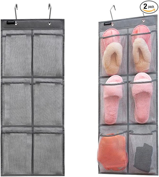 2 Pack Minimalist Black Over The Door Hanging Closet Shoe Holder Organizer with 6 Pockets (Mesh Pockets)-NeatNest