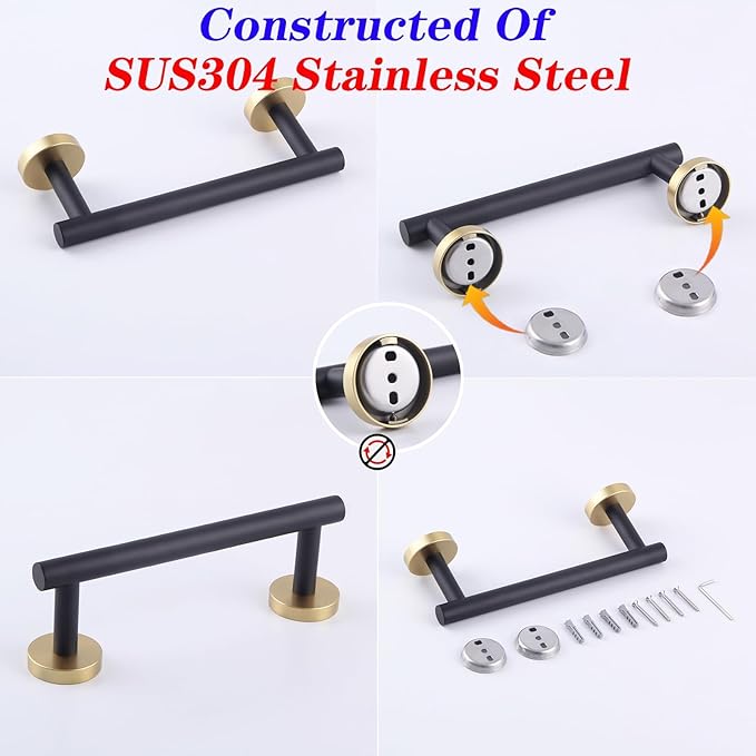 GERZWY 9-Inch Bath Towel Bar Modern Round Style Bathroom Towel Bar SUS 304 Stainless Steel Wall Mount (Black & Gold) AG1101C23-BD