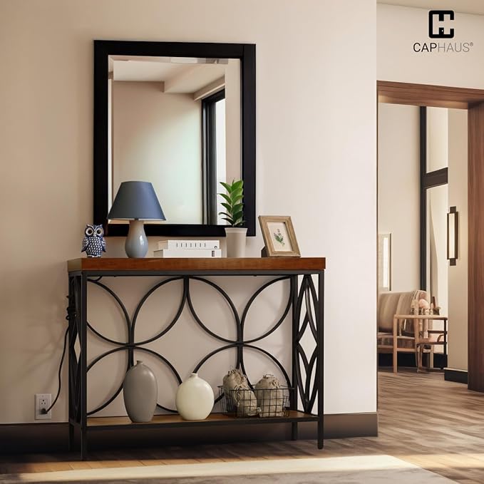 CAPHAUS 41” 2-Tier Industrial Sofa Console Thick Table w/Storage & Charging Station, Entrance Tableau w/ 2 Outlets, USB & Type-C Ports for Entryway, Living Room, Hallway, Foyer, Rustic, Butterfly-NeatNest