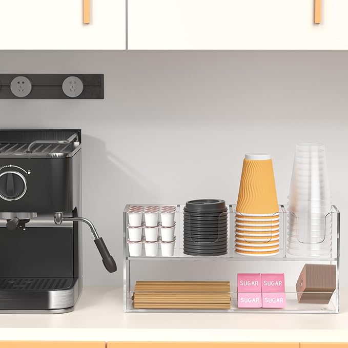 Coffee Condiment and Cup Organizer - 2-Tier Upright Cup and Lid Holder with Straw Organizer 5 Compartments Clear Acrylic Cup Dispenser for Restaurant Breakroom Coffee Station Countertop-NeatNest