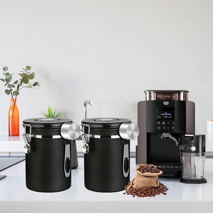 Coffee Canister Airtight Coffee Storage Container Stainless Steel Air Tight Coffee Jar with Scoop, Date Tracker and CO2 Release Valve for Beans, Ground, Tea, Flour, Cereal and Sugar (2pcs-Black-1.8L)-NeatNest