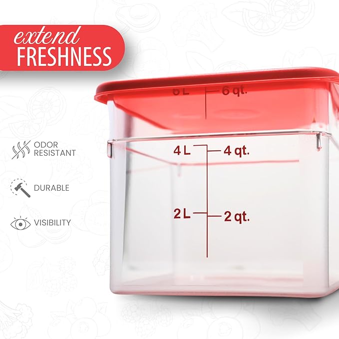 Cambro Food Storage Container with Lid (2 Pack) - Classic Series Square with Red Lid - 6 QT (Quart) - Commercial Grade for Food Prep (Clear)-NeatNest