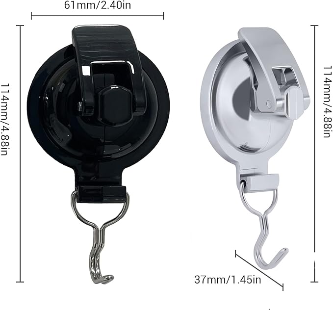 Heavy Duty Shower Hooks - Glass Suction Cup, Bathroom Robe Hooks (2 Pack, Round Black)