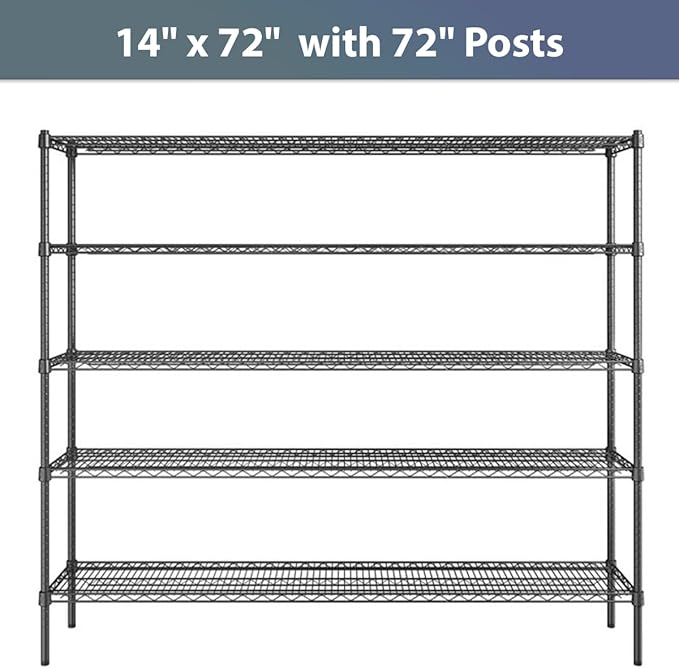 14" x 72" NSF Black Epoxy 5-Shelf Kit with 72" Posts, Commercial Storage Rack Unit, Heavy Duty Storage Shelving, Wire Shelving Kit, Adjustable Rack Strong Steel, Multipurpose Wire Shelf
