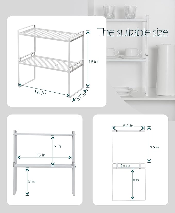 2Pack Cabinet Shelf Organizer Storage Rack Space Saving for Kitchen Counter Pantry Bathroom Cupboard Under Sink Office Table Steel Stackable Rust Resistant Heavy Duty Nonslip 16” White - Tall-NeatNest