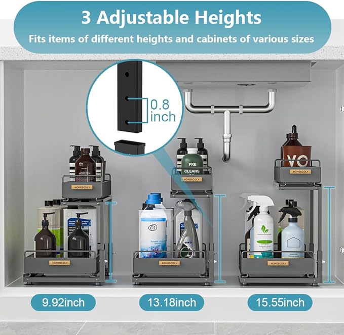 Under Sink Organizer, Pull Out Kitchen Cabinet Organizer, 2-Tier Metal Under Sink Organizers and Storage Height-Adjustable, Kitchen Bathroom Organizers and Storage Shelves, Black-NeatNest