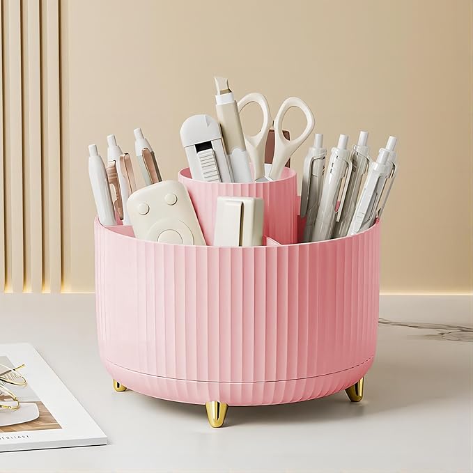 DASITON Large Capacity Makeup Brush Holder,360° Rotating Makeup Organizer,5 Slot Makeup Brushes Cup,for Vanity Decor,Bathroom Countertops,Desk Storage Container,Cosmetic Display cases(Pink)-NeatNest