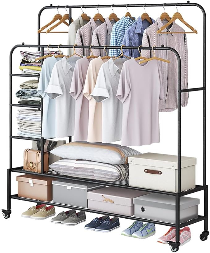 Garment Rack for Hanging Clothes Rack Heavy Duty Portable with Bottom Metal Shelf Drying Coats Shirt,Black (Black+Double Rods+Shelf)-NeatNest
