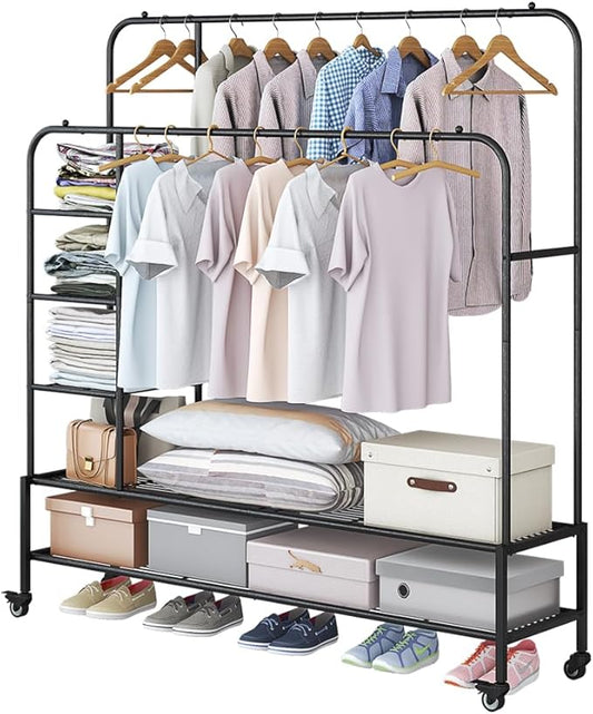 Garment Rack for Hanging Clothes Rack Heavy Duty Portable with Bottom Metal Shelf Drying Coats Shirt,Black (Black+Double Rods+Shelf)-NeatNest