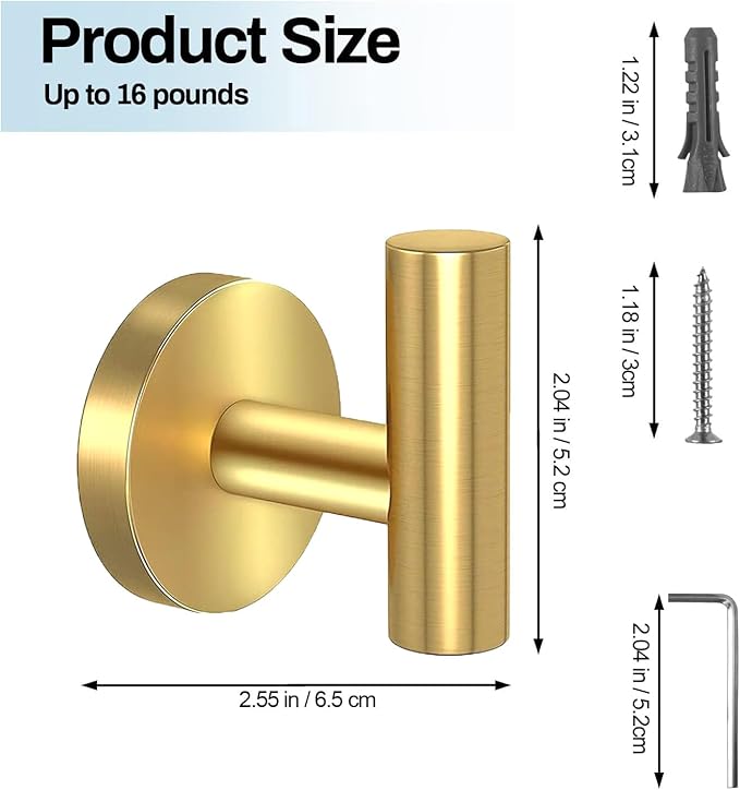 Kruodop Towel Hooks for Bathroom,4 Packs Wall Mount Towel Holder,Black Matte Wall Robe Hook,Stainless Steel Heavy Duty Door Hanger Towel Hook for Kitchen, Bedroom,Hotel,Pool,Coats - Gold