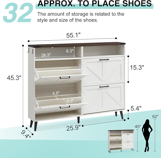 Shoe Storage Cabinet,Farmhouse Shoe Organizer with 4 Flip Drawers & Barn Door Design,Freestanding Hidden Slim Narrow Shoe Rack with Open Shelves for Entryway,Foyer,Hallway,Antique White-NeatNest