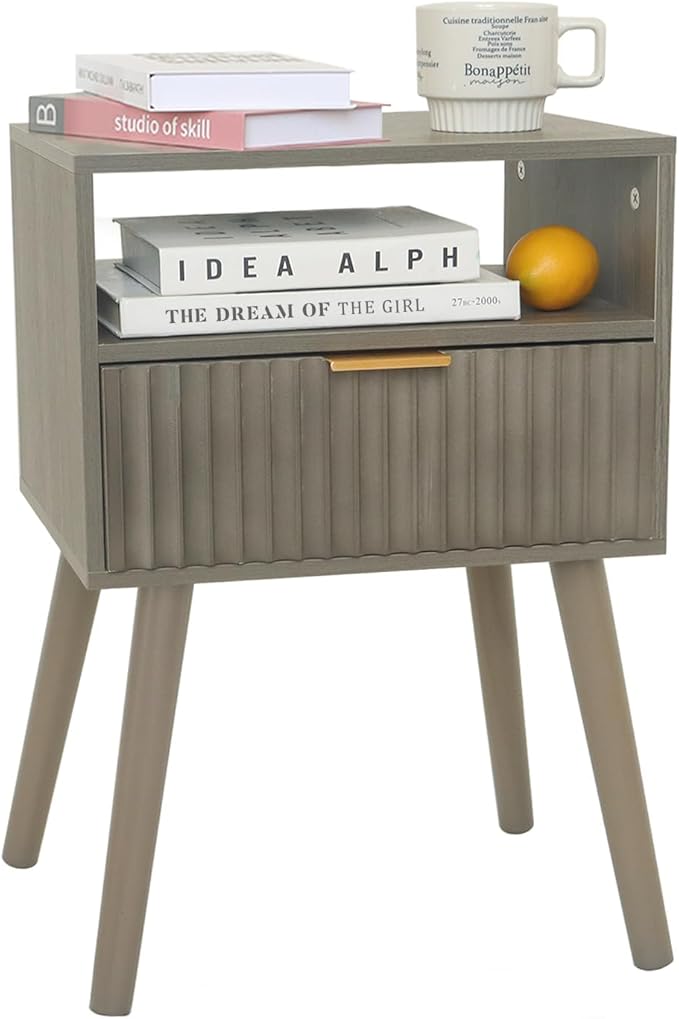 Grey Nightstand, Modern Night Stand Wood, Fluted Bedside Table with Solid Wood Legs for Bedroom, Dorm and Small Space (Grey)