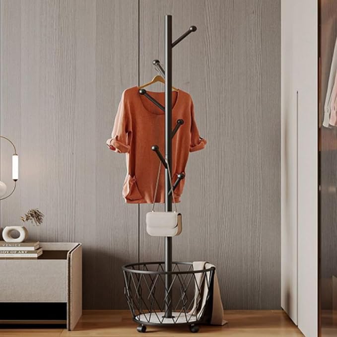 Freestanding Metal Coat Rack Stand with Basket Modern Organizer for Scarf Jacket Hat Bags Ideal for Home Entryway Bedroom Corner Stable and Moveable tree (black)