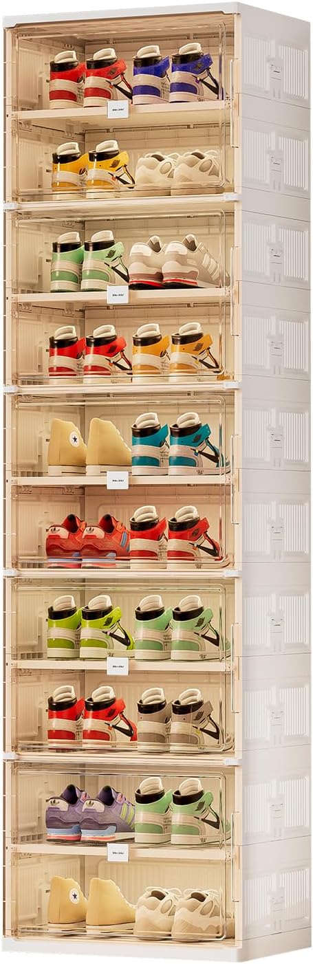 JEKO&JEKO 10 Tiers Foldable Shoe Rack Organizer Cabinet for Closet Entryway, Large Collapsible Shoe Storage Box with Magnetic Doors (White)-NeatNest