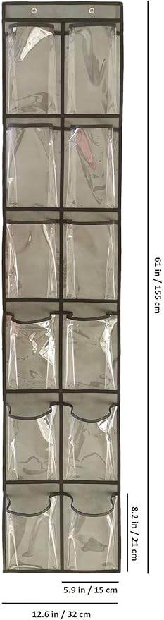Closet Shoe Organizer Behind Door Hanging Closet Kids Shoe Rack with 12 Clear Large Pockets (12 Pockets-Grey)-NeatNest