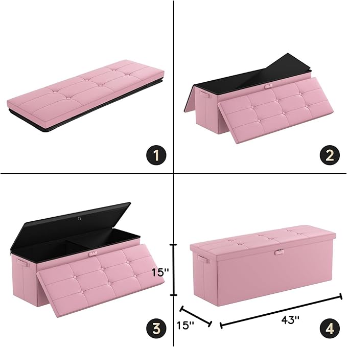 DocSafe Storage Ottoman Bench, Fireproof＆Waterproof Folding Bench with Lock(15”x 43”x15”), Leather Storage Chest with Handles＆2 Extra Boxes, Ottoman Safe for Bedroom,Living Room,Home Office, Pink-NeatNest